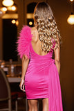 Fuchsia Ruched Satin Short Cocktail Dress with Feathers