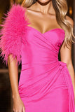 Fuchsia Ruched Satin Short Cocktail Dress with Feathers