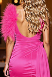Fuchsia Ruched Satin Short Cocktail Dress with Feathers
