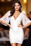 White Ruched V-Neck Half Sleeves Cocktail Dress