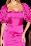 Fuchsia Square Neck Puff Sleeve Bodycon Homecoming Dress