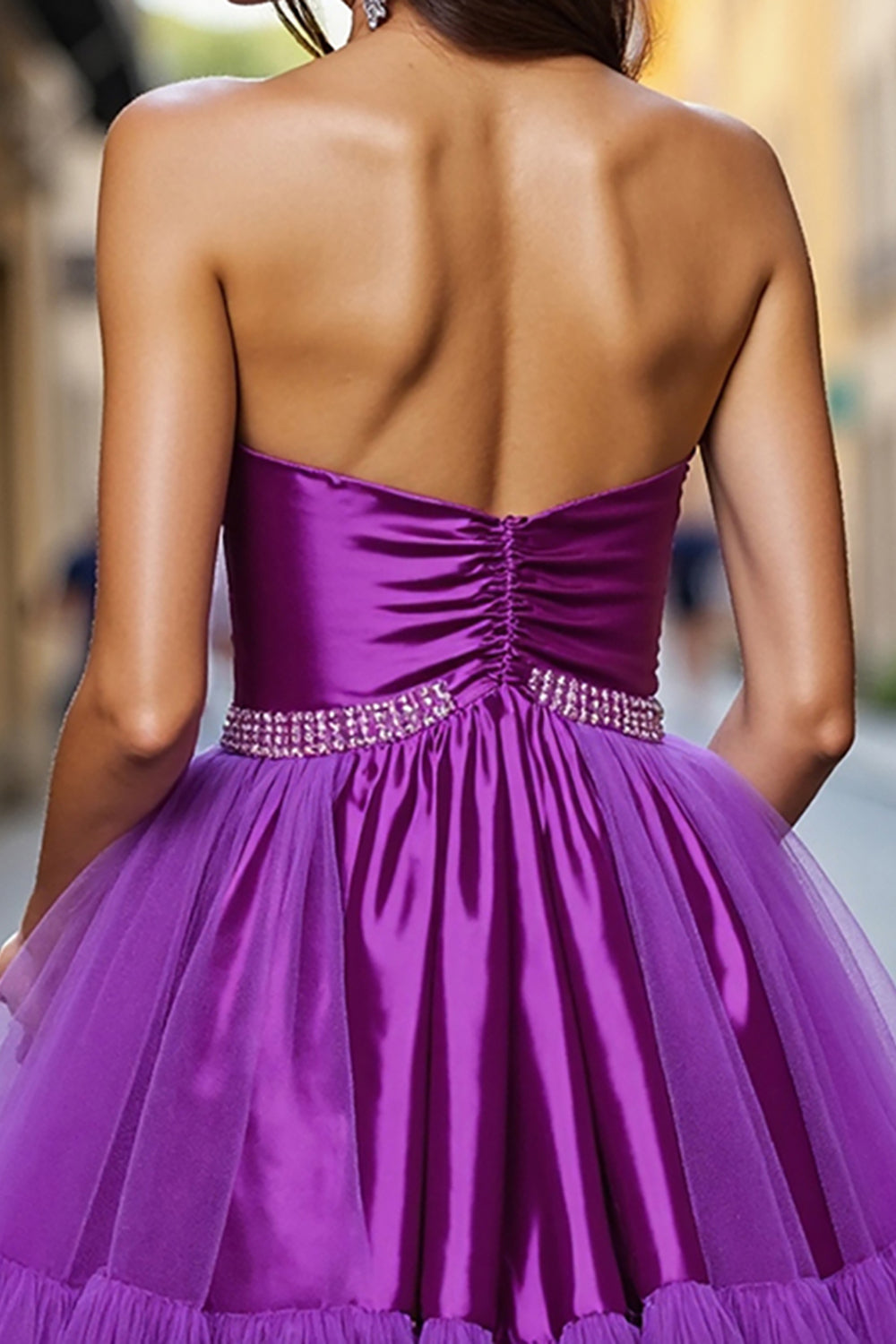 A Line Dark Purple Tulle Beaded Homecoming Dress