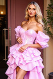 Sparkly Pink Ruffled High-Low Formal Dress with Sequins