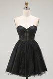 Black A Line Sweetheart Appliqued Sheer Corset Short Homecoming Dress