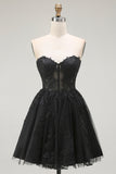 Black A Line Appliqued Sweetheart Short Corset Cocktail Dress