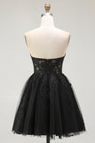 Black A Line Sweetheart Appliqued Sheer Corset Short Homecoming Dress