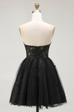 Black A Line Appliqued Sweetheart Short Corset Cocktail Dress