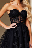 Black A Line Appliqued Sweetheart Short Corset Cocktail Dress