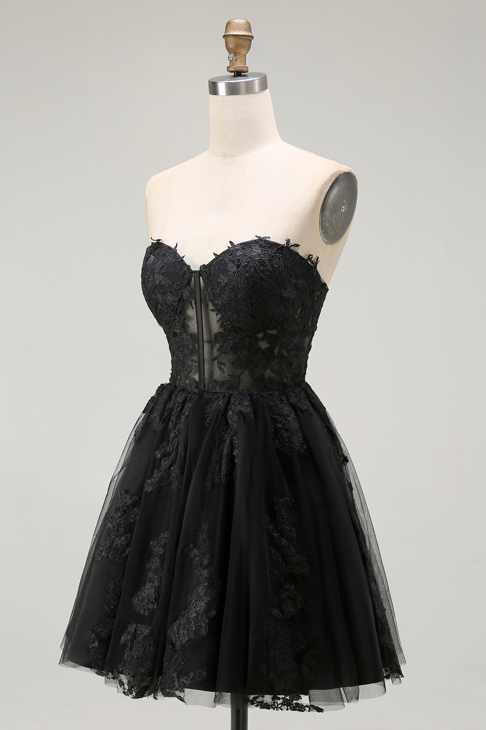 Black A Line Sweetheart Appliqued Sheer Corset Short Homecoming Dress