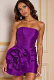 Ruched Dark Purple Strapless Mini Cocktail Dress with 3D Flower