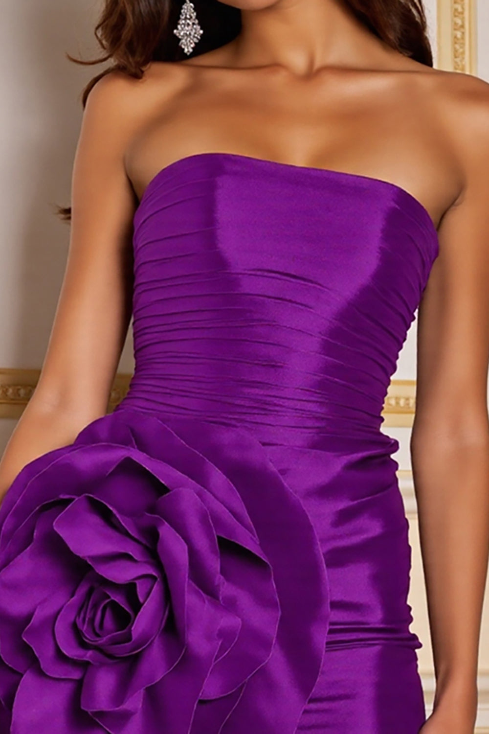Ruched Dark Purple Strapless Mini Cocktail Dress with 3D Flower