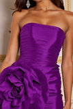 Ruched Dark Purple Strapless Mini Cocktail Dress with 3D Flower