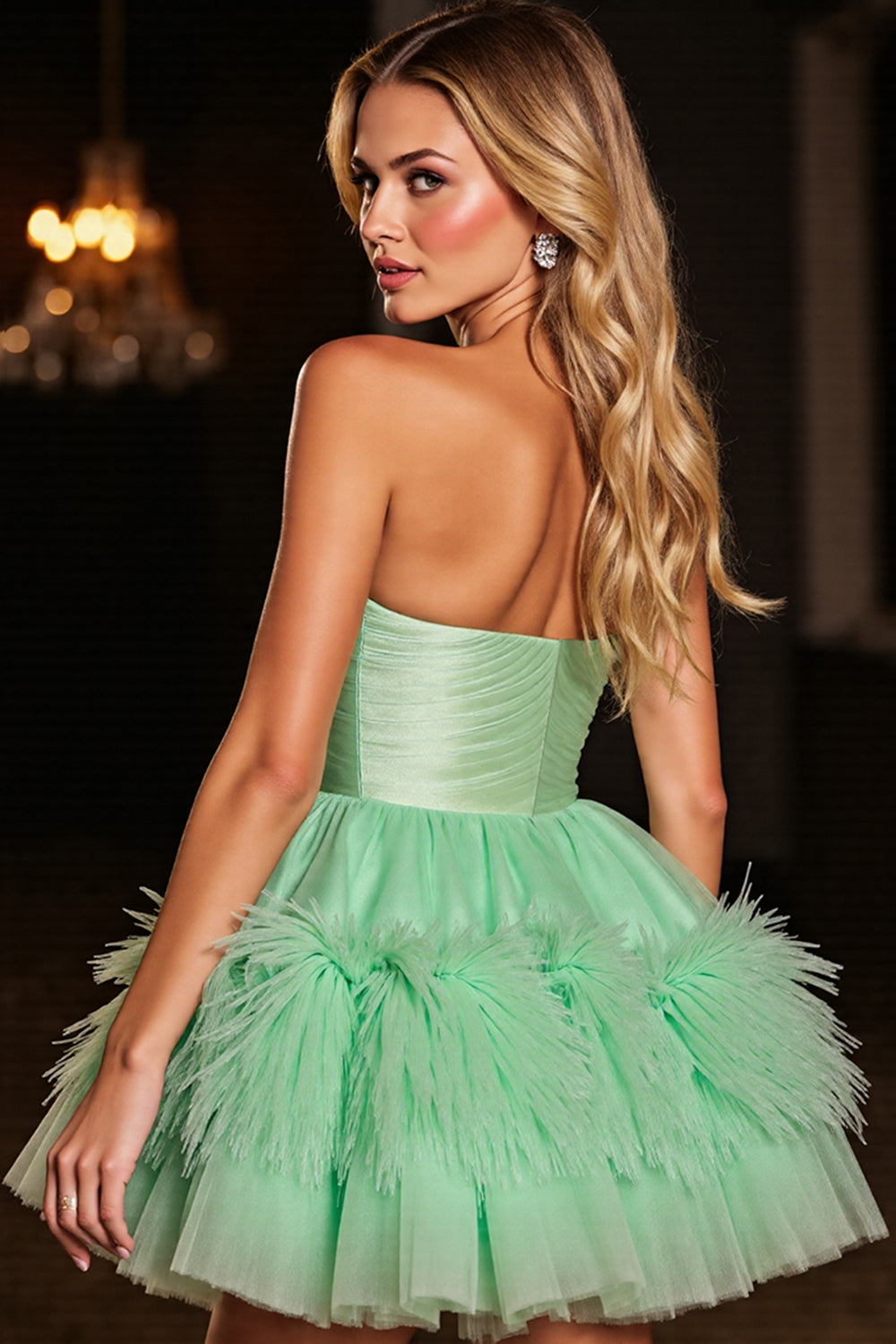 Green Strapless A Line Homecoming Dress with Feathers