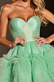 Green Strapless A Line Homecoming Dress with Feathers