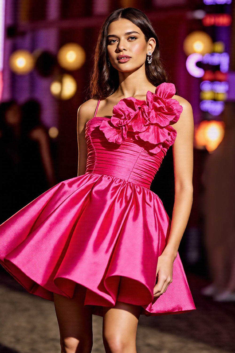 Fuchsia Ruched Satin Homecoming Dress with 3D Flowers