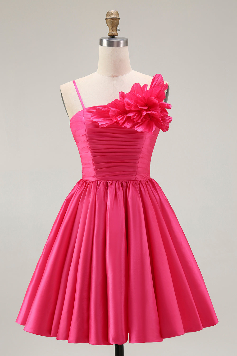 Fuchsia Ruched Satin Homecoming Dress with 3D Flowers