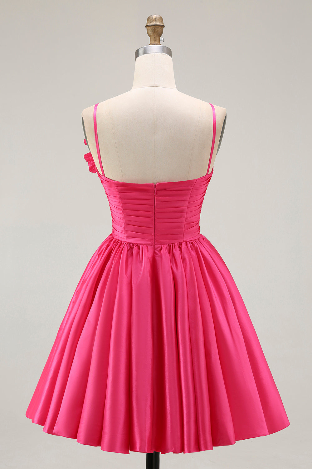 Fuchsia Ruched Satin Homecoming Dress with 3D Flowers