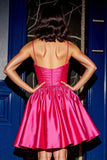 Fuchsia Ruched Satin Homecoming Dress with 3D Flowers