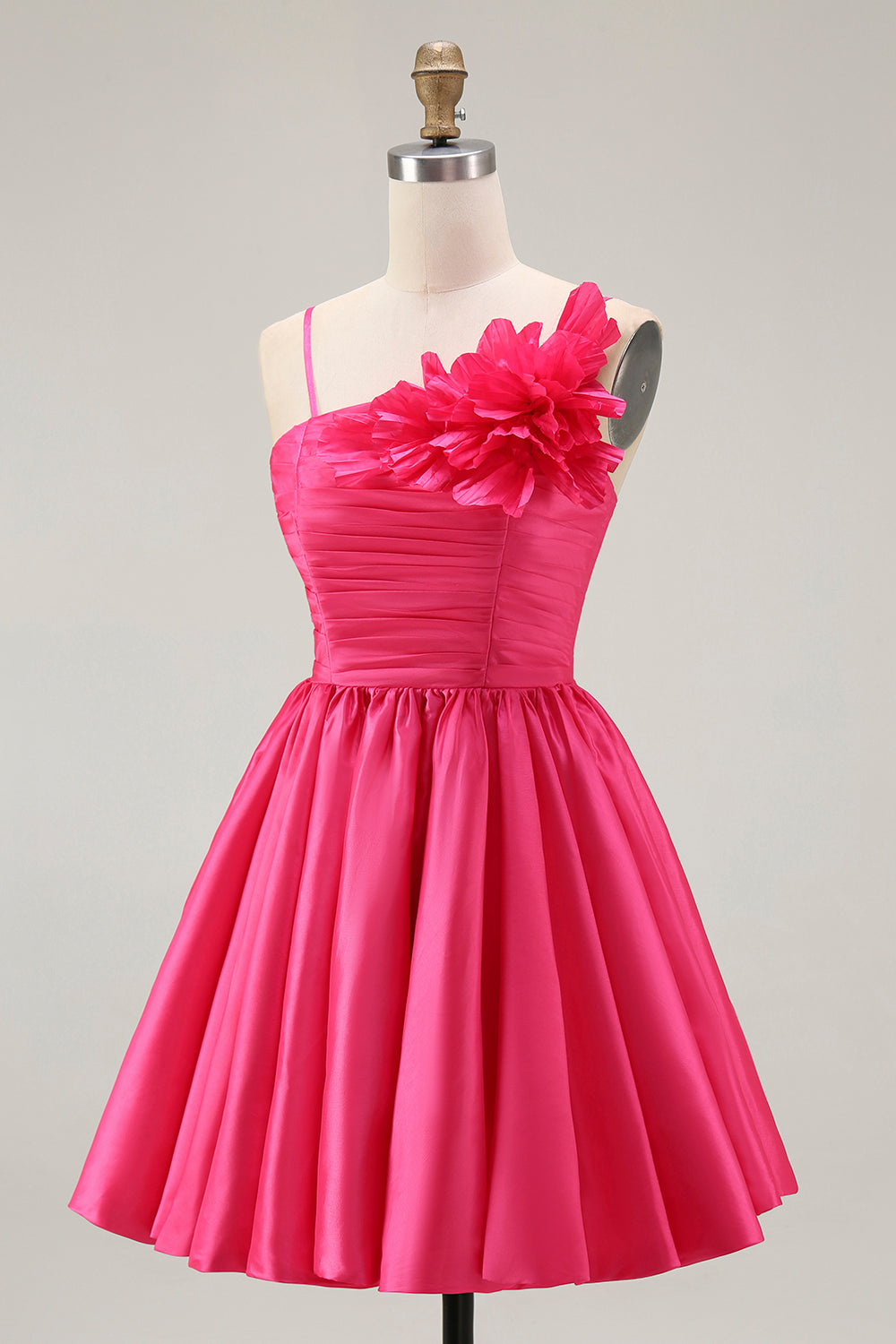 Fuchsia Ruched Satin Homecoming Dress with 3D Flowers