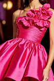 Fuchsia Ruched Satin Homecoming Dress with 3D Flowers