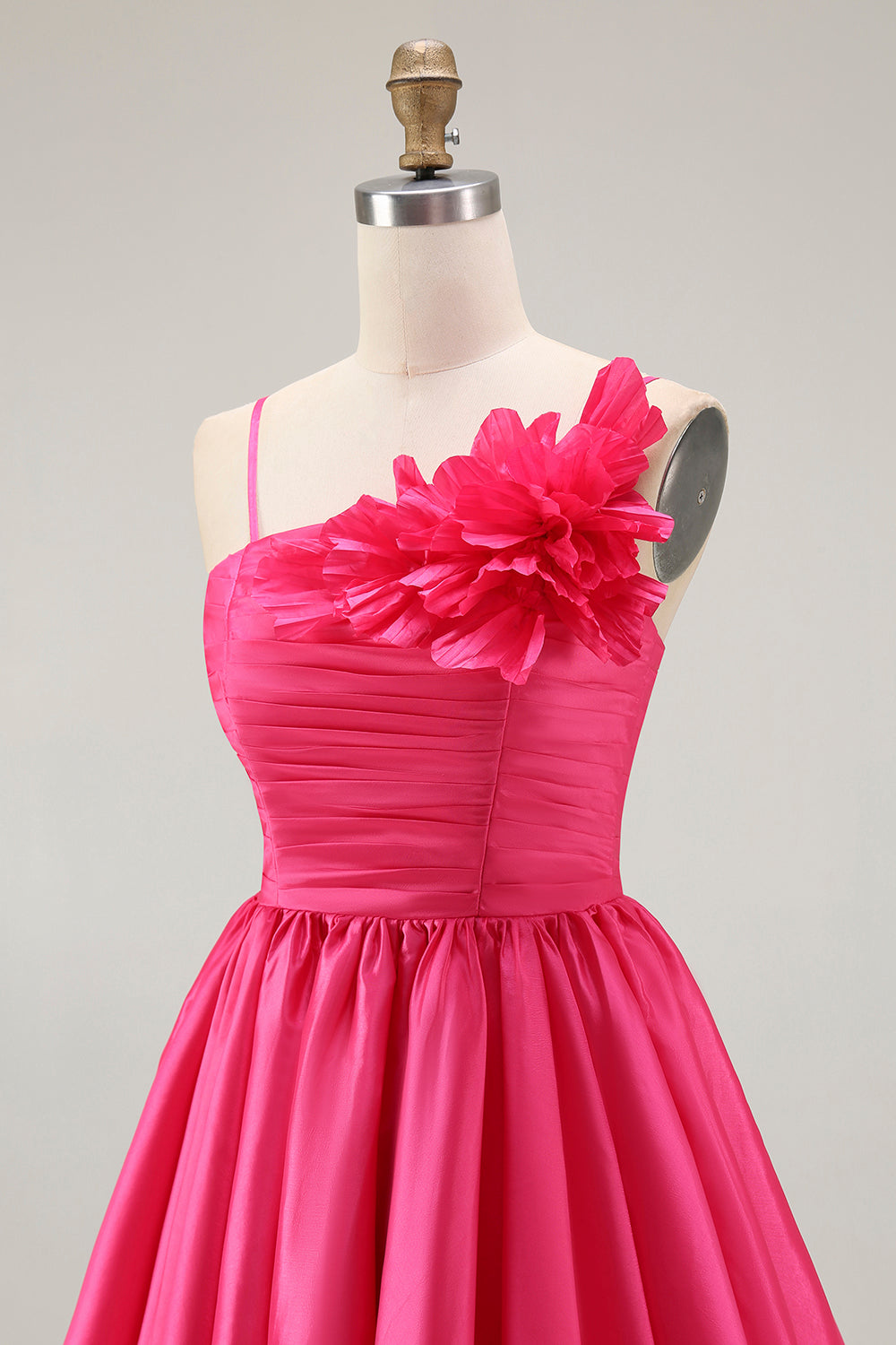Fuchsia Ruched Satin Homecoming Dress with 3D Flowers