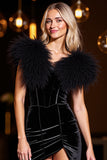 Corset Velvet Black Mini Cocktail Dress with Feathers