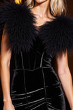 Corset Velvet Black Mini Cocktail Dress with Feathers