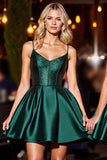 Sparkly Dark Green Satin Corset A Line Short Cocktail Dress