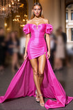 Fuchsia Bodycon Satin High-Low Cocktail Dress with Sleeves