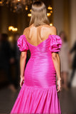 Fuchsia Bodycon Satin High-Low Cocktail Dress with Sleeves