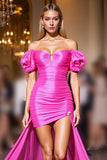 Fuchsia Bodycon Satin High-Low Cocktail Dress with Sleeves