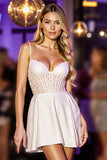 Corset White A Line Short Graduation Dress with Lace