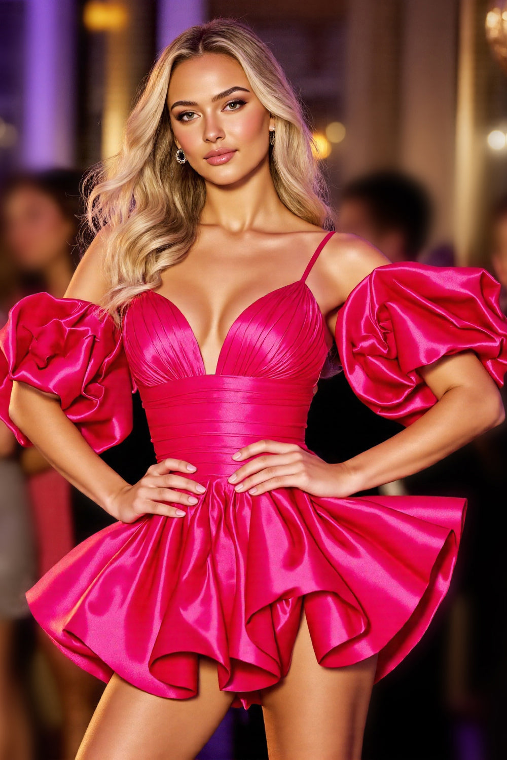 Fuchsia Satin Ruffled A Line Ruched Short Cocktail Dress