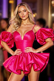 Fuchsia Satin Ruffled A Line Ruched Short Cocktail Dress