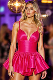 Fuchsia Satin Ruffled A Line Ruched Short Cocktail Dress