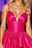 Fuchsia Satin Ruffled A Line Ruched Short Cocktail Dress