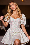 White Corset Floral Short Homecoming Dress with Sleeves
