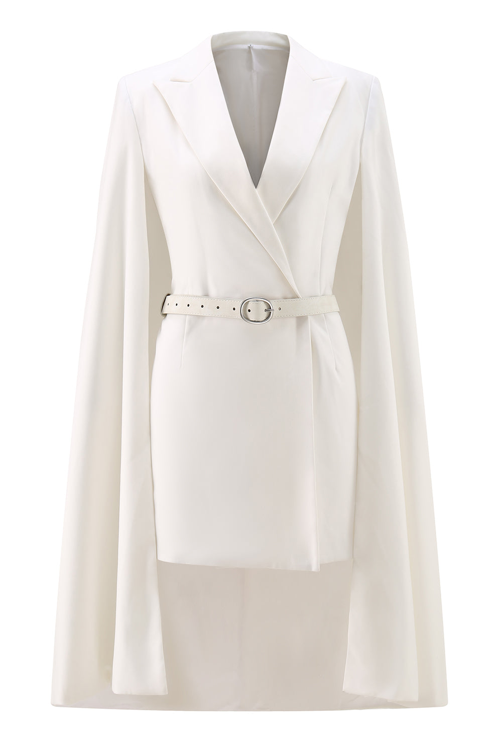 White Satin Bodycon Peak Lapel Mini Work Dress with Cape