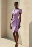 Purple Bodycon Short Sleeves Work Dress with Belt