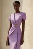 Purple Bodycon Short Sleeves Work Dress with Belt