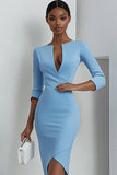 Sky Blue Bodycon V-Neck 3/4 Sleeves Midi Work Dress