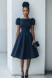 Navy A Line Short Sleeves Boat Neck Midi Work Dress