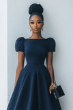 Navy A Line Short Sleeves Boat Neck Midi Work Dress