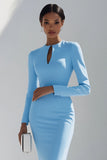 Sky Blue Long Sleeves Bodycon Short Work Dress with Keyhole