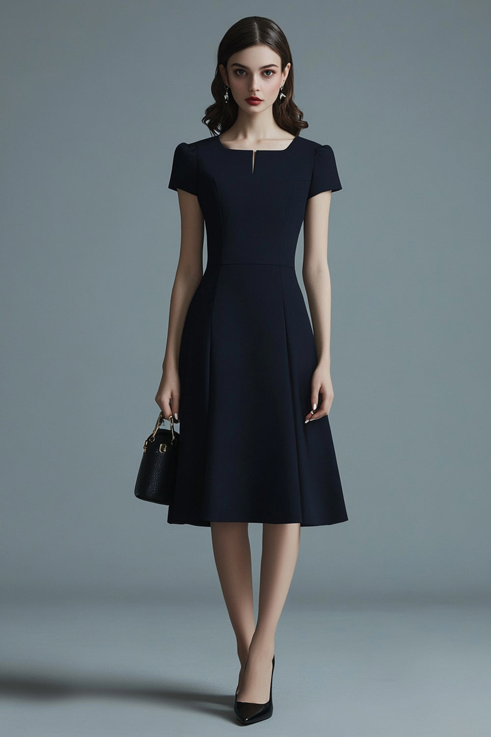 A Line Navy Short Sleeves Midi Work Dress