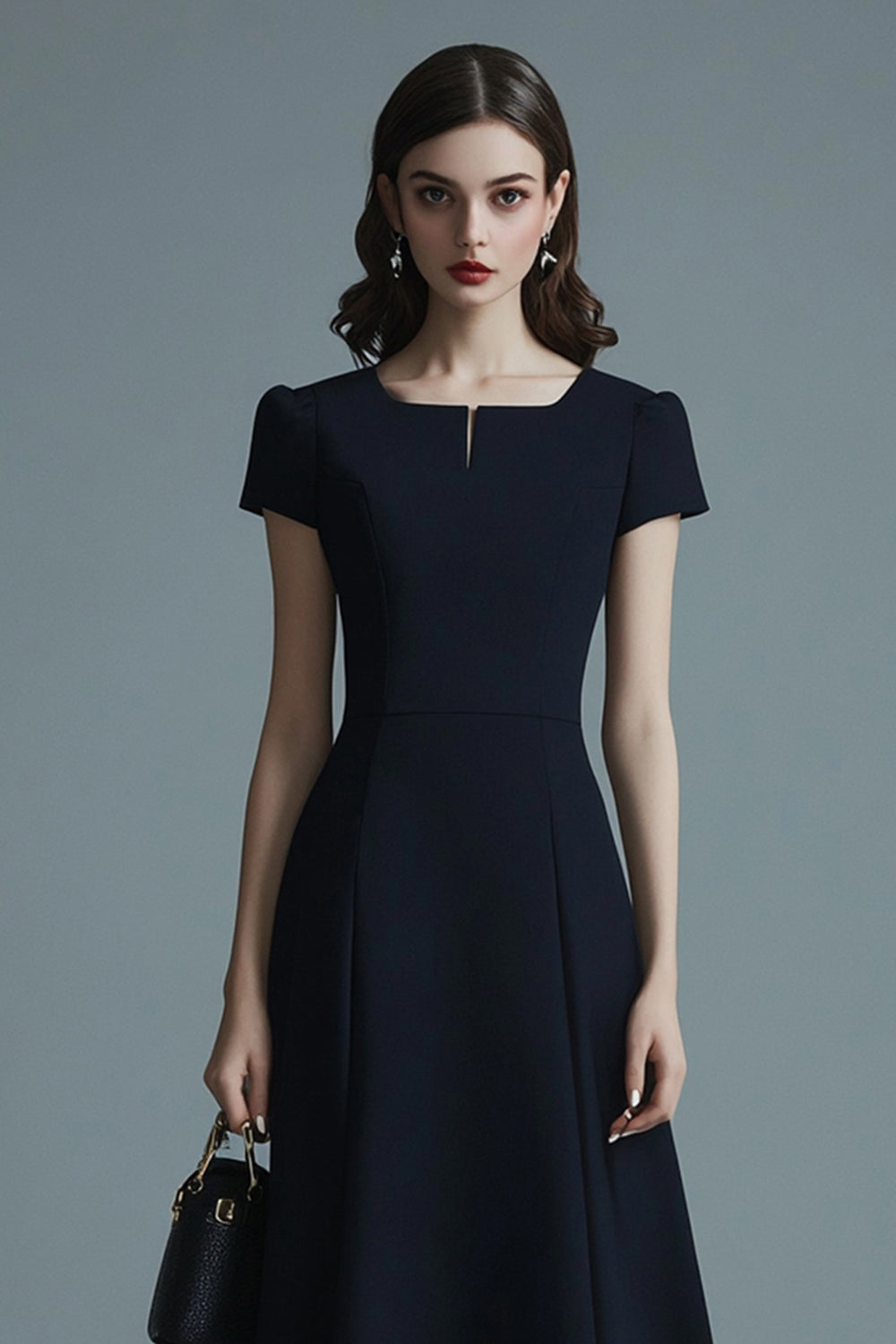 A Line Navy Short Sleeves Midi Work Dress
