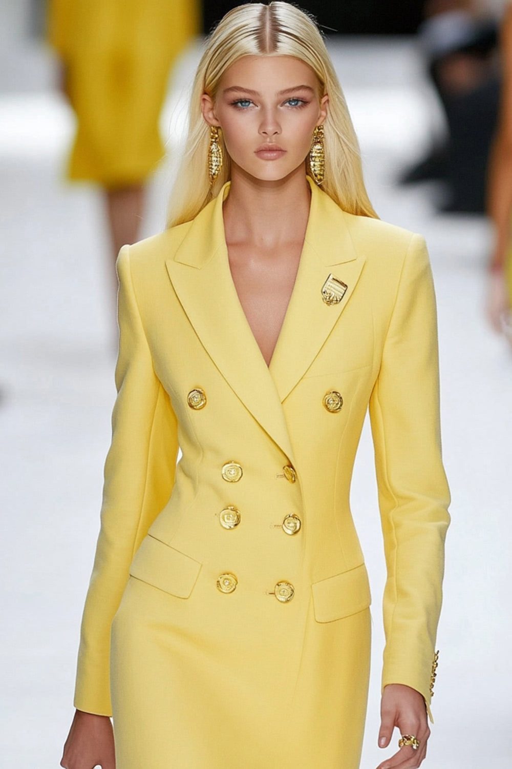 Yellow Peak Lapel Double Breasted Bodycon Mini Work Dress