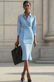 Sky Blue Bodycon Polo Collar Midi Work Dress with Belts