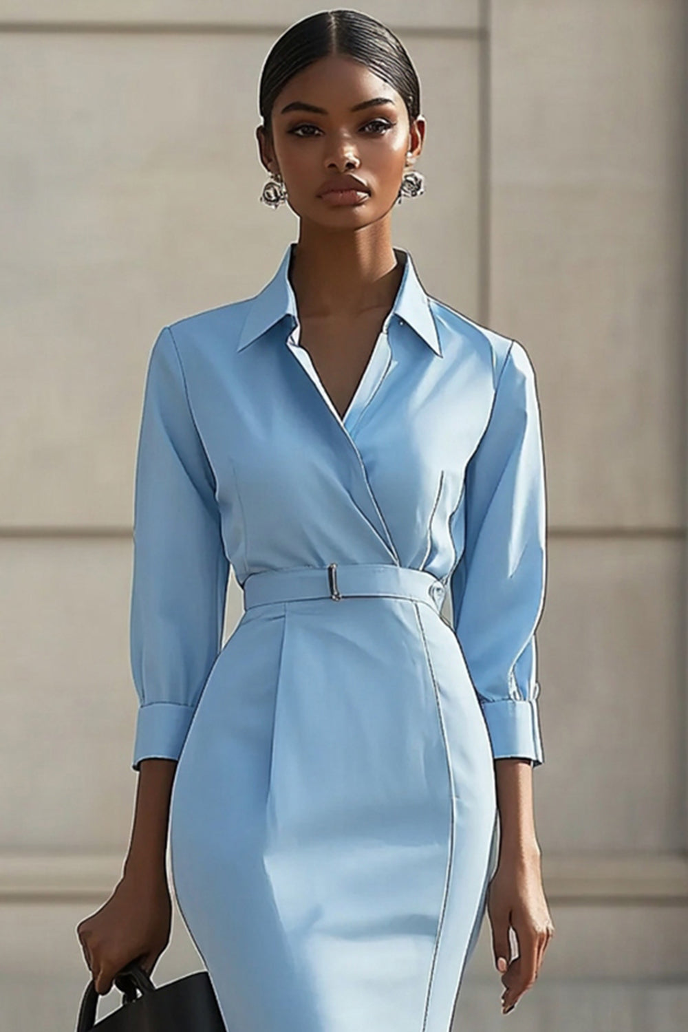 Sky Blue Bodycon Polo Collar Midi Work Dress with Belts