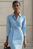Sky Blue Bodycon Polo Collar Midi Work Dress with Belts